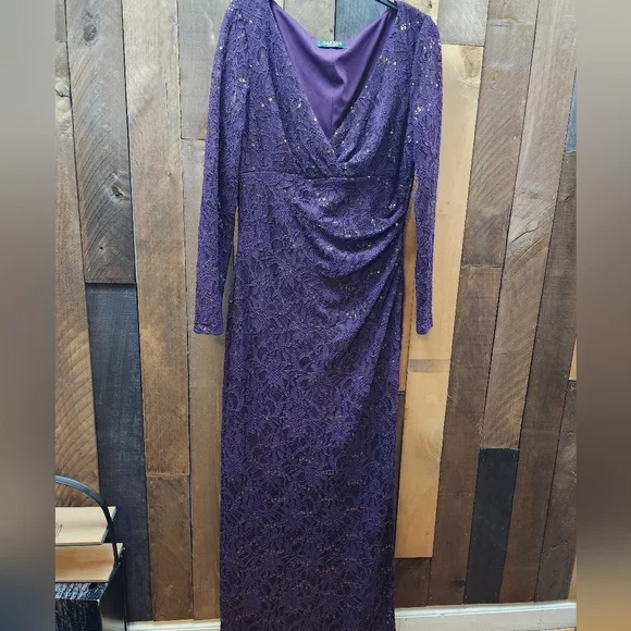Lauren Ralph Lauren Evening Gown Dress Lace Sequin Plum Purple - Picture 4 of 9